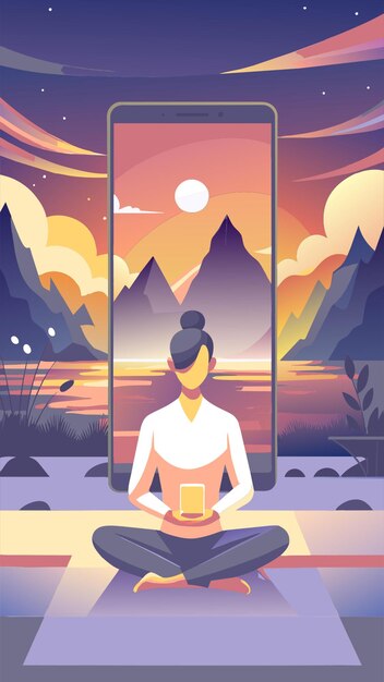 Vector visualize a scene where a person engages in meditation practice using a mobile application show the