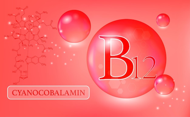 Vitamin B12 cyanocobalamin water drops capsule on a pink background Vitamin complex with chemical formula Information medical poster Vector illustration