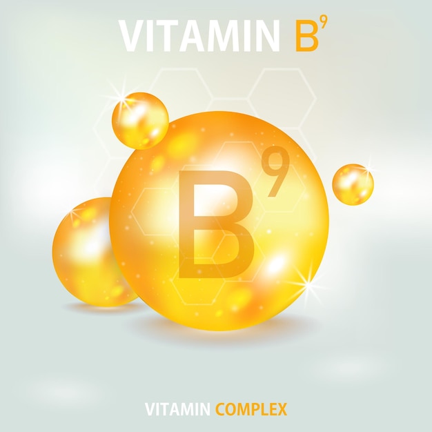 Vitamin B9 golden icon. Drop vitamin pill capsule.