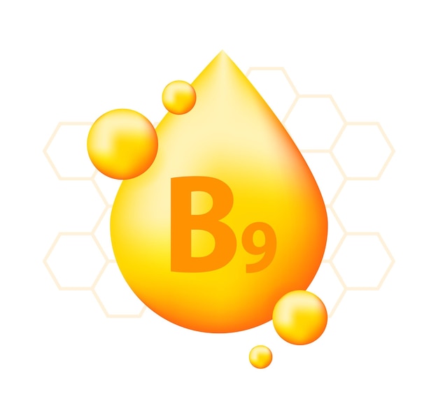 Vitamin B9 with realistic drop Particles of vitamins in the middle