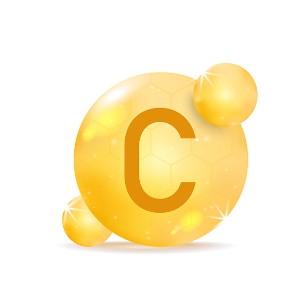 Vitamin C golden icon. Drop vitamin pill capsule.