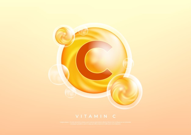 Vitamin C golden vector treatment Vitamin gold oil pill icon Skin care natural nutrition Ascorbic antioxidant acid drop Orange medicine capsule vector