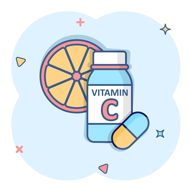 Vitamin C icon in comic style Bottle with pill cartoon vector illustration on white isolated background Pharmacy sign business concept splash effect