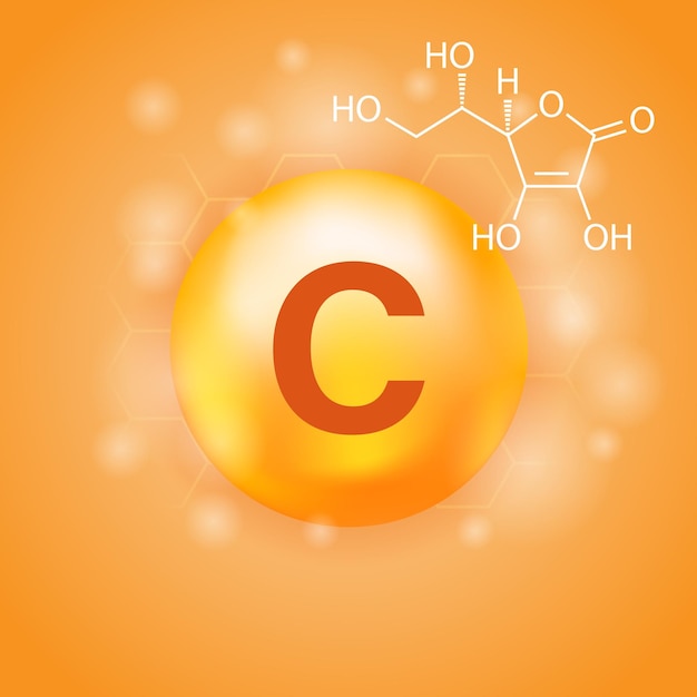 Vitamin C and its structure A medicinal capsule 3D Vitamin complex with chemical formula