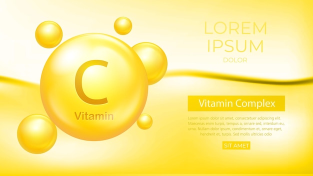 Vitamin C pills vector banner Vitamin complex medical capsules for health care and beauty concepts