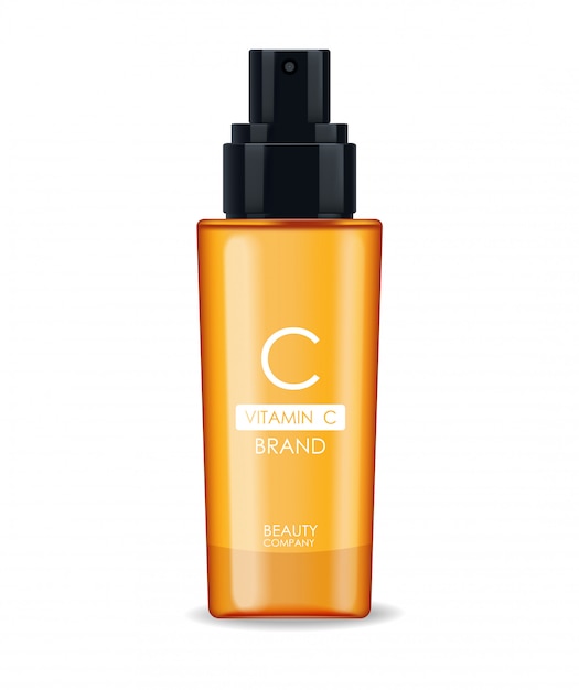 Vitamin C serum, beauty company, skin care bottle, realistic package and fresh citrus, treatment essence, beauty cosmetics