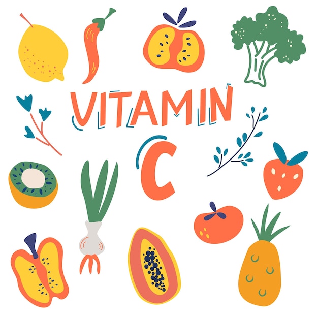 Vitamin C sources set. Fruits and vegetables enriched with ascorbic acid. Dietetic food, organic nutrition composition. Healthy food, dietetics products, organic. Flat vector cartoon illustration