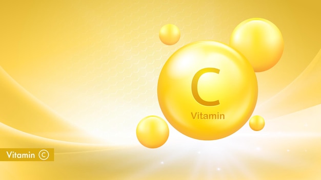 Vitamin C vector pills Medicine capsule Golden substance 3D Vitamin complex for care and beauty 3d