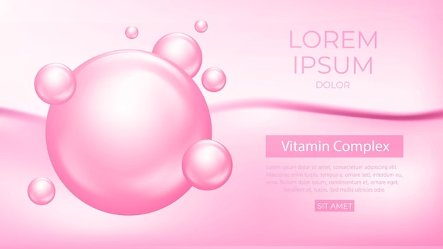 Vitamin complex banner Pink background with 3d bubbles for health and skin care Collagen essence