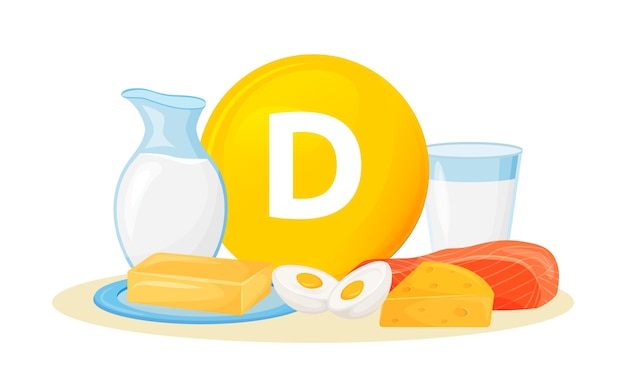 Vitamin D food sources cartoon  illustration. Butter, cheese animal products. Eggs, milk, fish healthy diet  color object. Wholesome nutrition  on white background