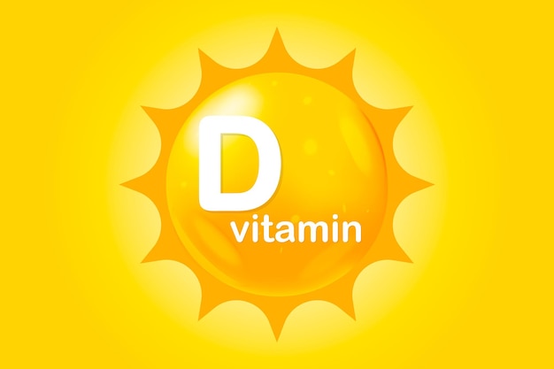 Vitamin D icon with sun. Vitamin D3 yellow shining capsule. Beauty, nutrition skin care, pharmacy, diet. Vector illustration