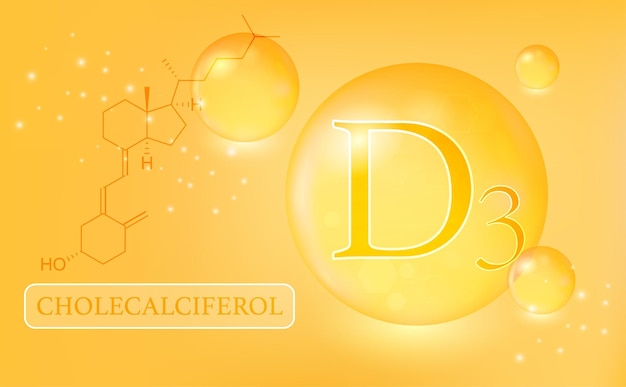 Vitamin D3 cholecalciferol water drops capsule on an orange gradient background Vitamin complex with chemical formula Information medical poster Vector illustration