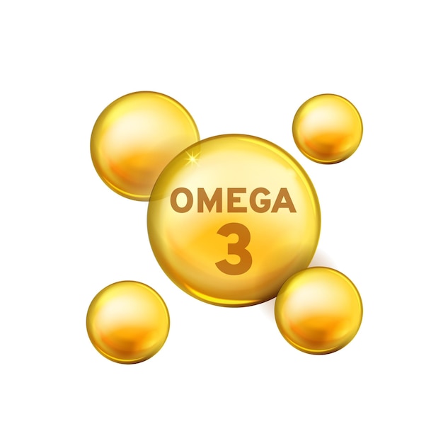 Vitamin drop Omega 3 fish oil capsule gold essence organic nutrition element 3d yellow bubbles with text Pharmacy supplement medicine product skin care advertising Vector realistic illustration