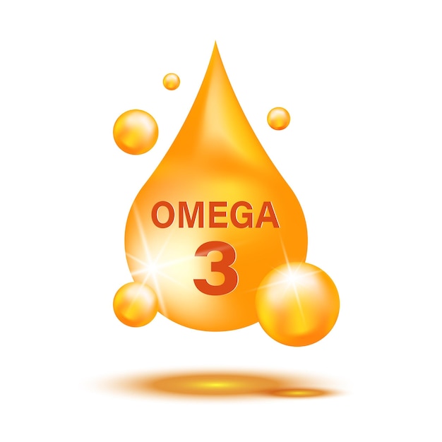 Vitamin drop omega 3 fish oil capsules golden essence organic food element. 3d yellow bubbles