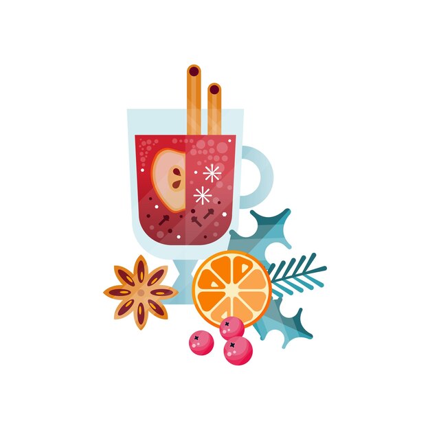 Vector vitamin healthy herbal tea spicy drink with apple citrus anise and rosemary in transparent mug vector illustration on a white background