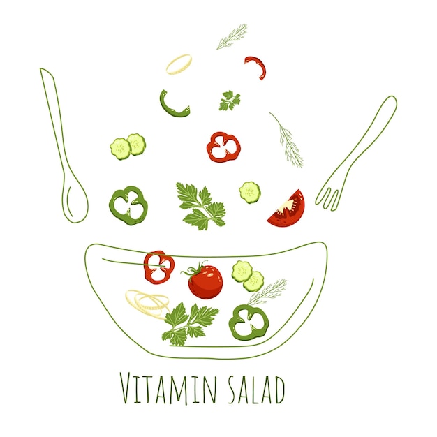 Vitamin salad fresh vegetables and herbs Healthy food Hand drawn illustration Isolated on white