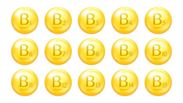 Vitamins B group vector icons Set of round golden pills Healthy life concept