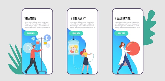 Vitamins Dripping, Iv Therapy Mobile App Page Onboard Screen Template. Characters Applying Intravenous Infusion Natural Nutrients via Droppers in Hospital Concept. Cartoon People Vector Illustration