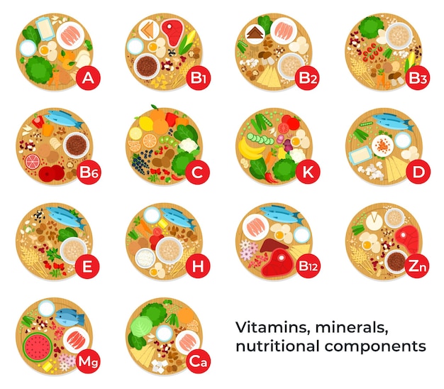 Vitamins minerals nutritional components food Healthy eating set