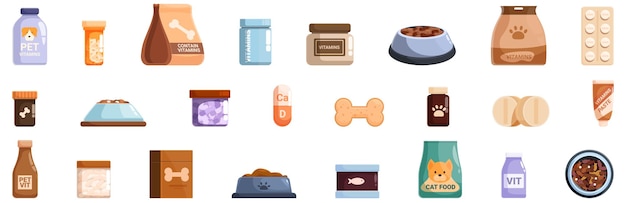 Vector vitamins pets icons set vector a collection of pet supplies including dog food medicine and toys