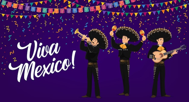 Viva Mexico banner with mexican Mariachi musicians