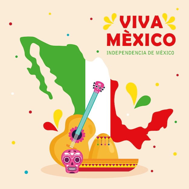 viva mexico, happy independence day, 16 of september with map and traditional icons decorations.