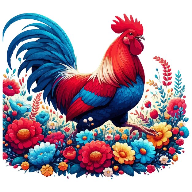 Vector vivid red and blue chicken cartoon style vector