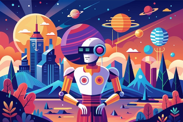 Vector in a vivid scifi setting a robot observes a stunning landscape filled with colorful planets towering mountains and a dynamic city under a radiant sunset