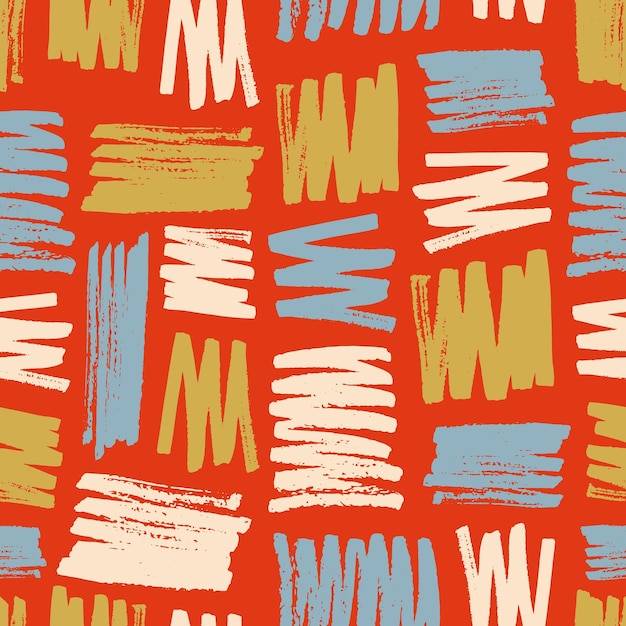 Vivid seamless pattern with colorful paint smears or marks on red background. Decorative backdrop with rough brush strokes. Modern vector illustration in grunge style for wrapping paper, fabric print.