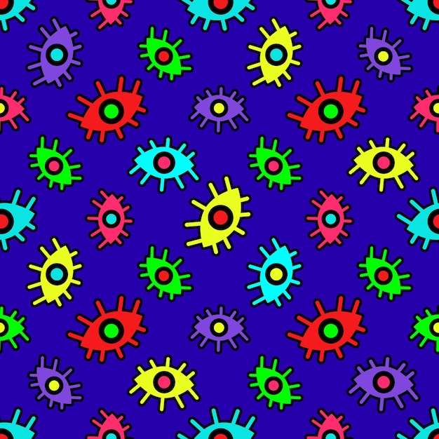 Vivid vector illustration seamless colorful pattern with multicolored eyes depicted chaotically on b...