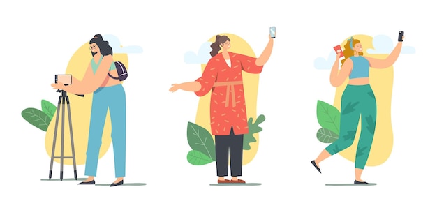 Vloggers Profession, Vlogging in Social Media Concept. Female Characters Recording Video on Smartphone for Internet Vlog Live Streaming, Broadcasting for Followers. Cartoon People Vector Illustration