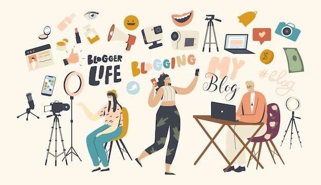 Vlogging, Blogger Profession in Social Media Concept. Vloggers Male and Female Characters Recording Video for Internet, Live Streaming Broadcasting for Followers. Linear People Vector Illustration