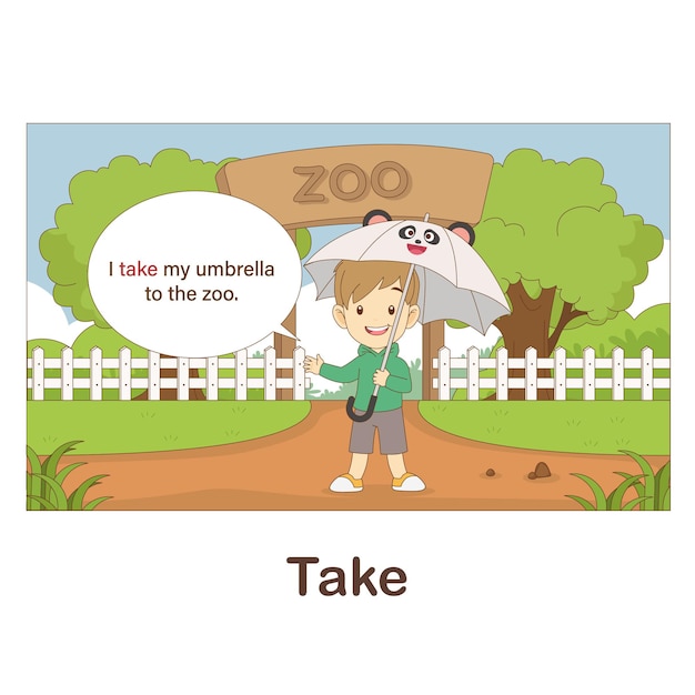 Vocabulary Flash Card for kids. Take with picture of take (Vocabulary for CEFR : A1-A2 Level)