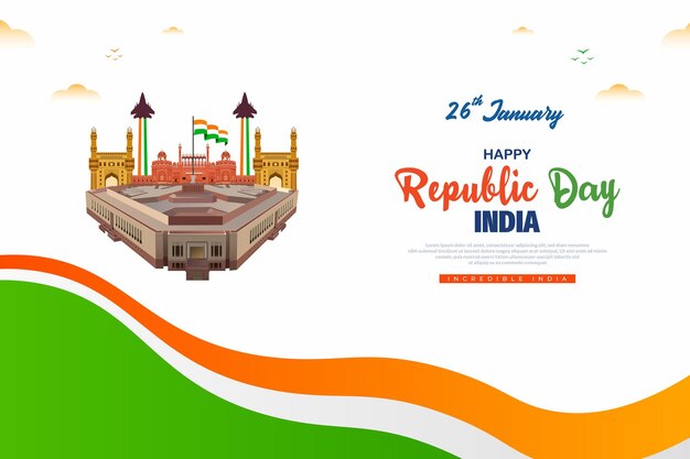 Vector voctor republic day 26 january banner design with flag white background new parliament red fort