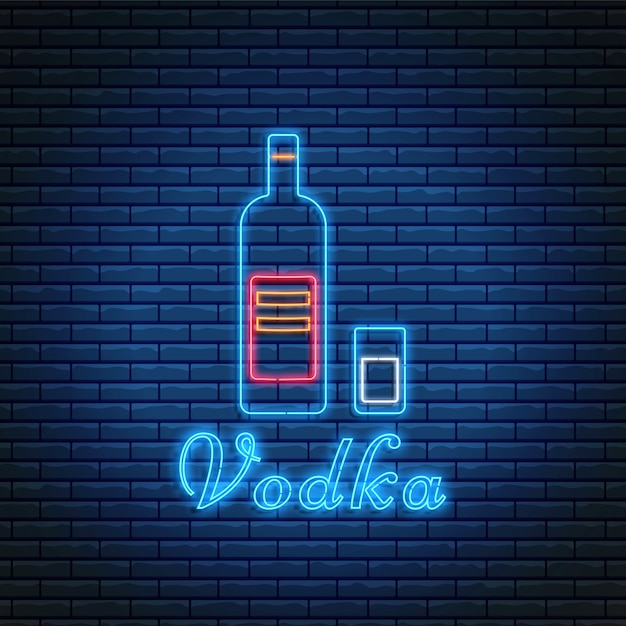 Vodka bottle and glass with lettering in neon style on brick wall