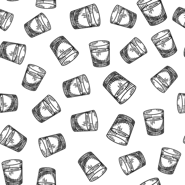 Vodka shot seamless pattern on white background. Full shot glass of alcohol wallpaper.