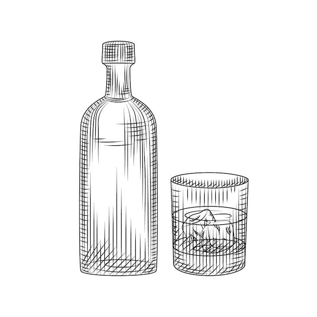 Vodlka bottle and glass isolated on white background. Hand drawn alcoholic cocktail with ice in rocks glass. Engraved style. For pub menu, cards, posters, prints, packaging. Vector illustration