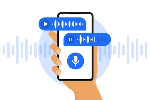 Voice and audio messages Smartphone with voice messages on screen Human hand holds smartphone with microphone button on screen and voice messages bubbles Online chat Vector illustration