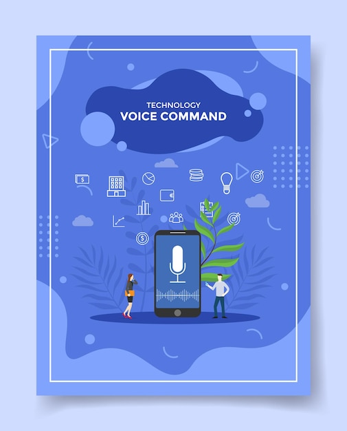 Voice command concept people around smartphone micropone sound wave in screen