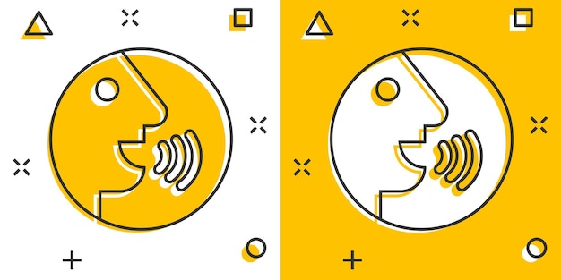 Voice command with sound waves icon in comic style Speak control vector cartoon illustration pictogram Speaker people business concept splash effect