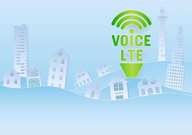 Voice LTE symbol in urban landscape paper art style