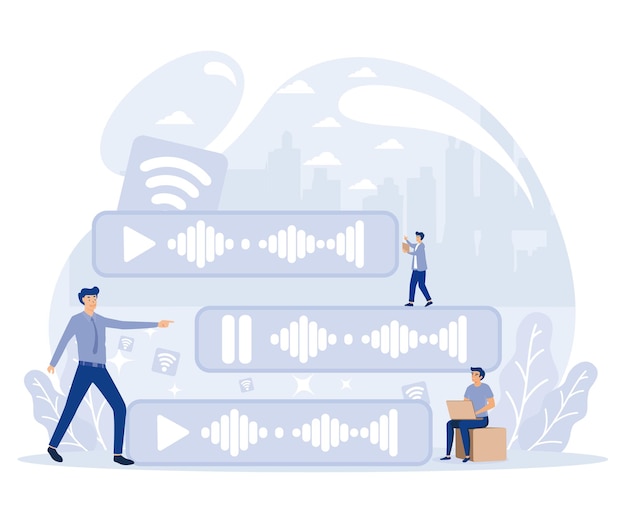 Voice messages concept Tiny people use microphone to record message Flat vector modern illustration