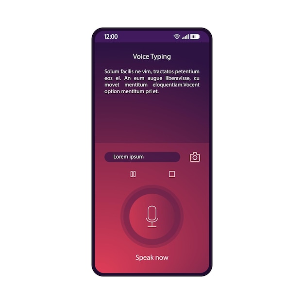 Voice typing smartphone interface vector template Mobile utility app page purple design layout Speech to text converter flat gradient UI Audio type application Speak now button on phone display