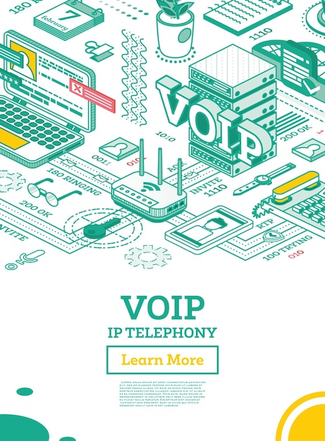 VOIP IP Telephony Services Isometric Outline Concept Configuration Scheme of System