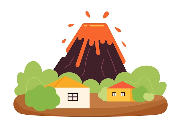 Volcanic eruption flat concept vector spot illustration Lava from volcano Mountain foothill houses 2D cartoon scene on white for web UI design Natural disaster isolated editable creative image