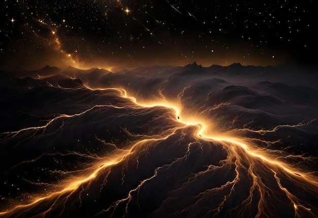 A volcanic eruption illuminates a dark mountainous landscape with flowing lava and sparks beneath a starry sky