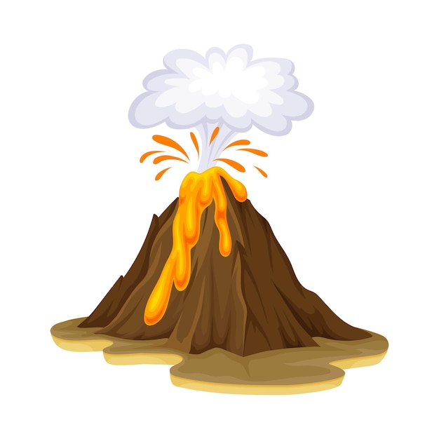 Volcanic eruption with flowing lava as natural cataclysm vector illustration