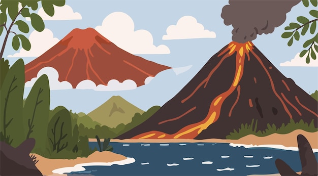 Vector volcanic mountain and mountain lake dramatic landscape illustration of lush mountainous terrain