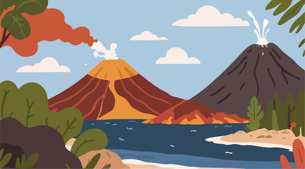 Vector volcanic mountain and mountain lake dramatic landscape illustration of lush mountainous terrain