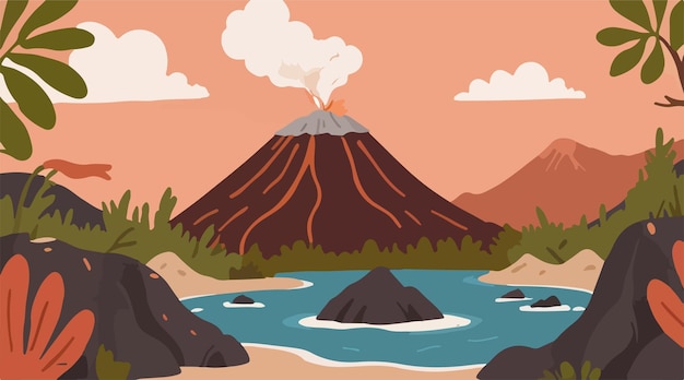 Vector volcanic mountain and mountain lake dramatic landscape illustration of lush mountainous terrain